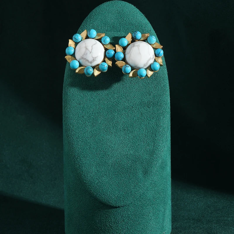 Vintage White Natural Stone Flower Shape Stud Blue Flower Antique Earrings