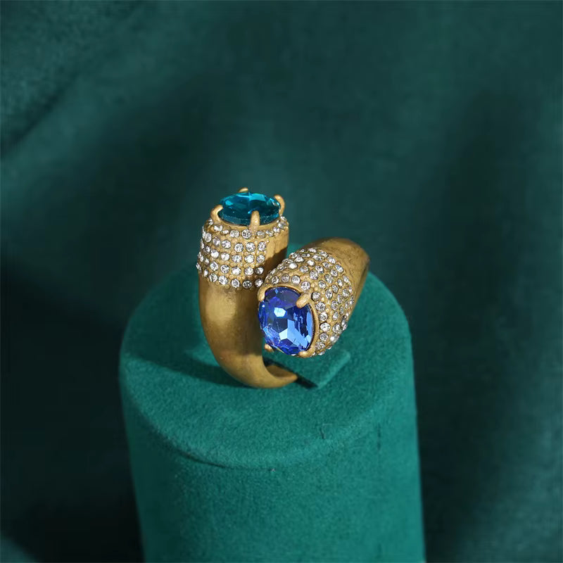 Women Blue Natural Stone Open Leopard Fashionable Water Drop Gold Color Pearl Flower Ring