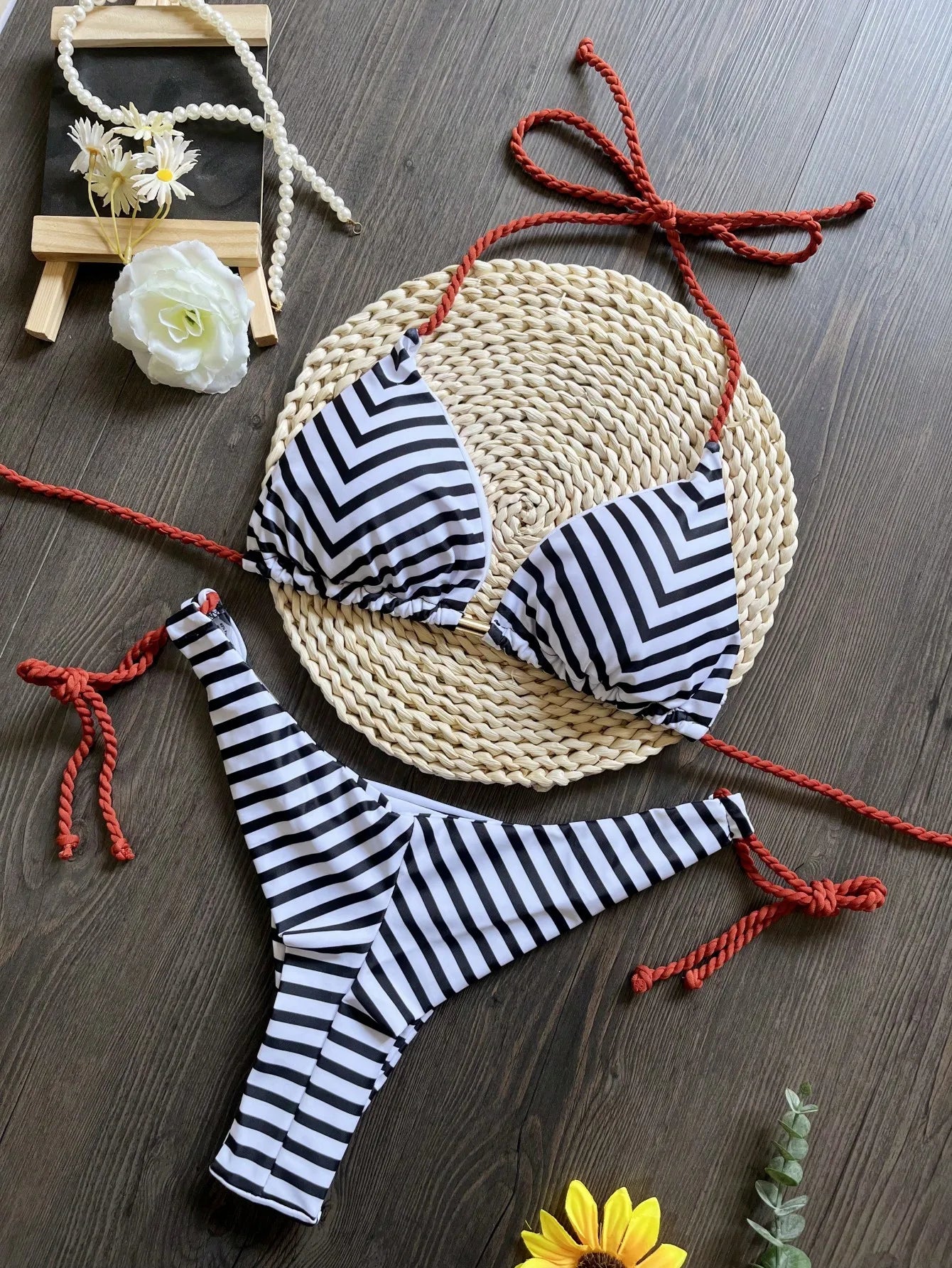 Sexy Micro Stripe Print Braiding Rope Swimwear Bathing Suit Brazilian Bikini