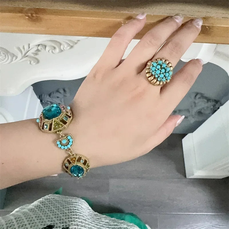 Bohemia Antique Gemstone Women Vintage Boho Beads Square Sea Blue Crystal Bangle Charm Bracelet
