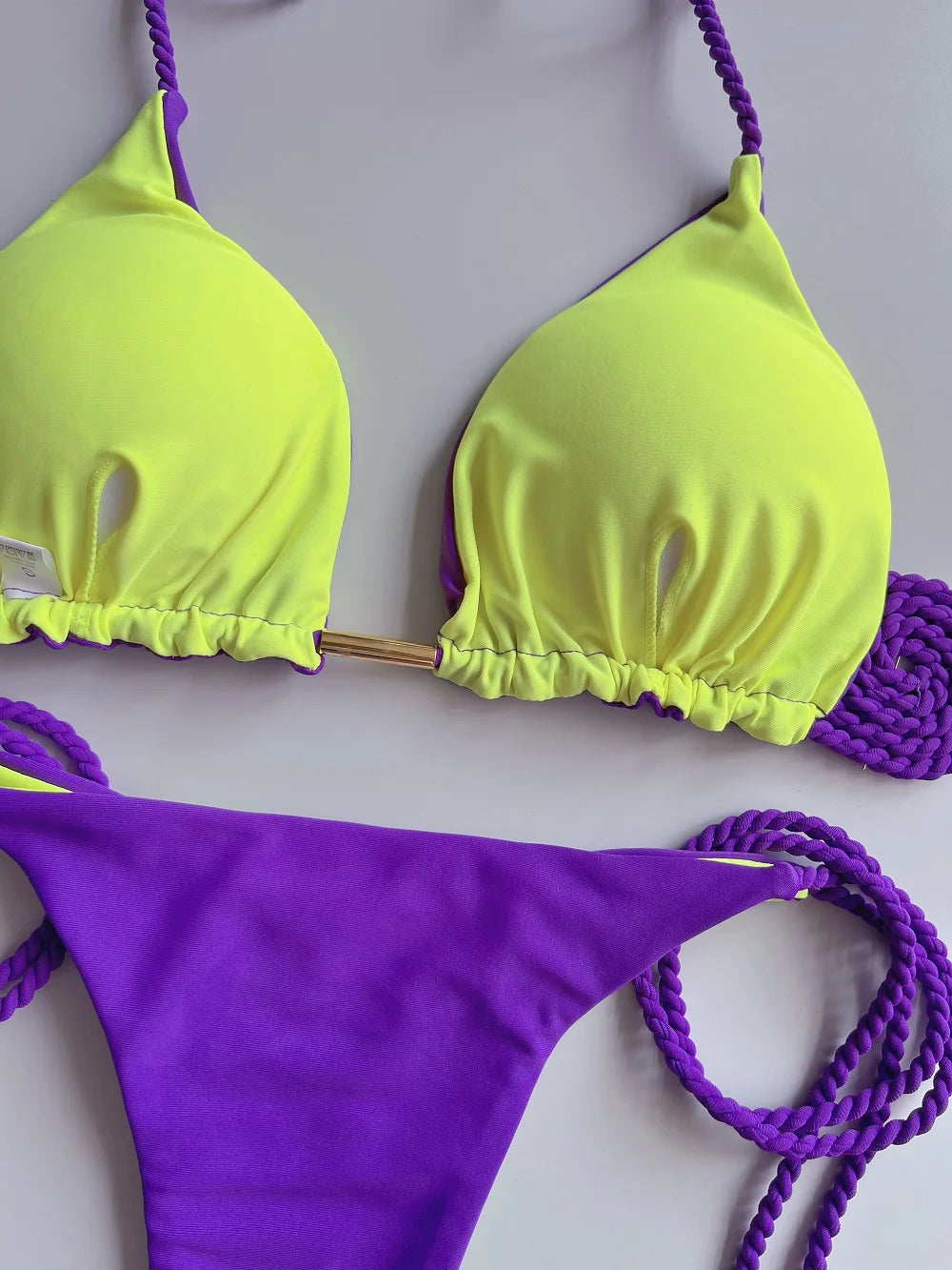 Sexy Solid color Braiding Rope Bikini Swimsuit Two-piece Triangle Swimwear Bathing Brazilian Suits