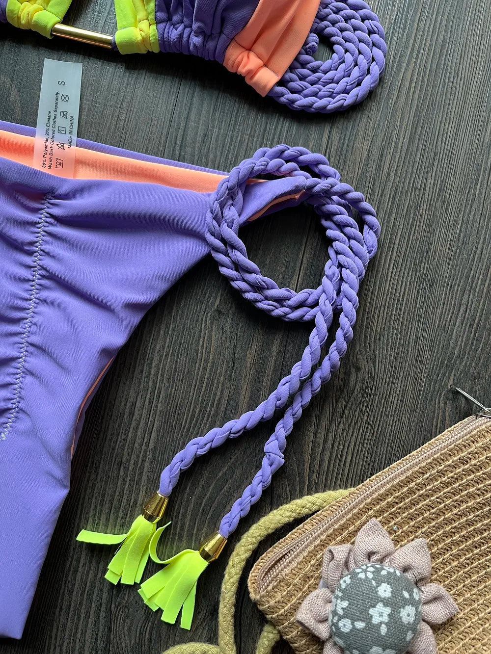 Sexy Solid Splicing Brazilian Swimsuit Braiding Rope Bandage Triangle Bathing Bikini Suit
