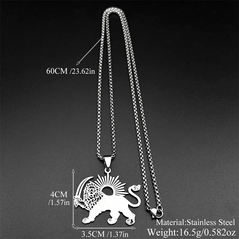 Women Men Stainless Steel Gold Color Arabic Iran Islamic Sword Lion of Persia Shamshir Pendant Necklace