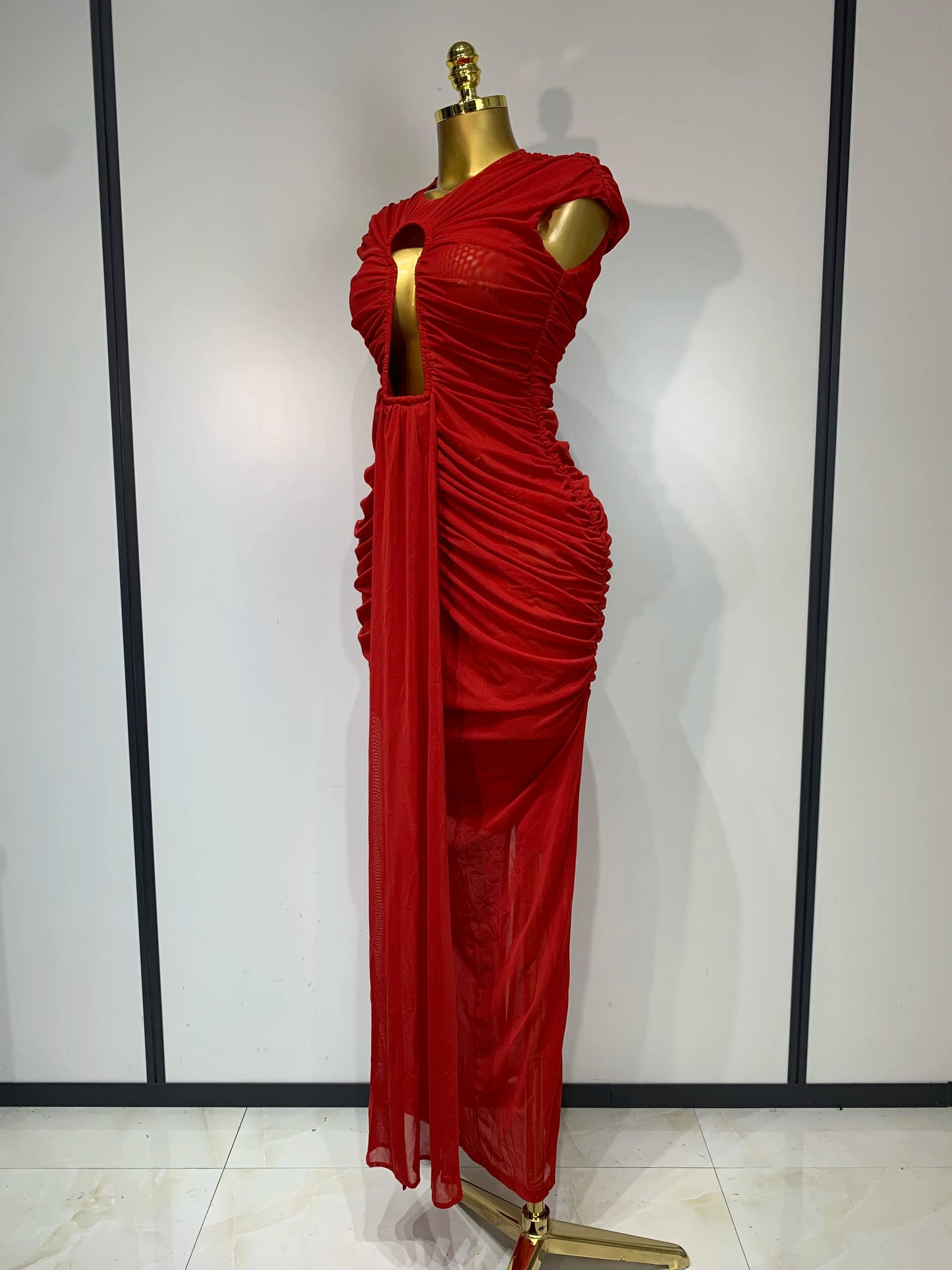 Sexy Sleeveless O-Neck Cut Out Bodycon Mesh Long Dress Celebrity Evening Party Club Dress