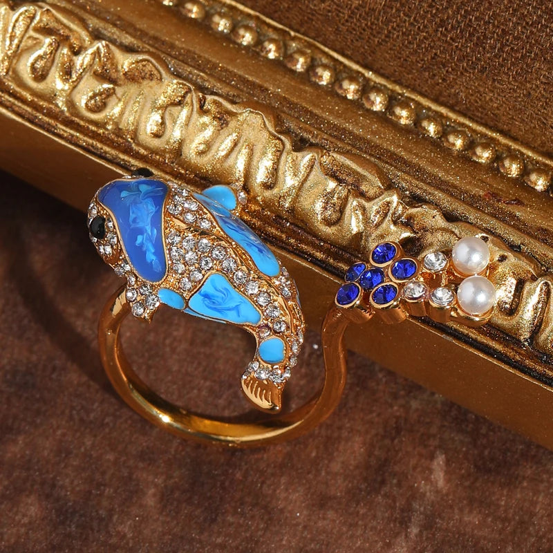  Vintage Blue Enamel Goldfish Pearl Rhinestone Women Open Gold Plated Designer Ring