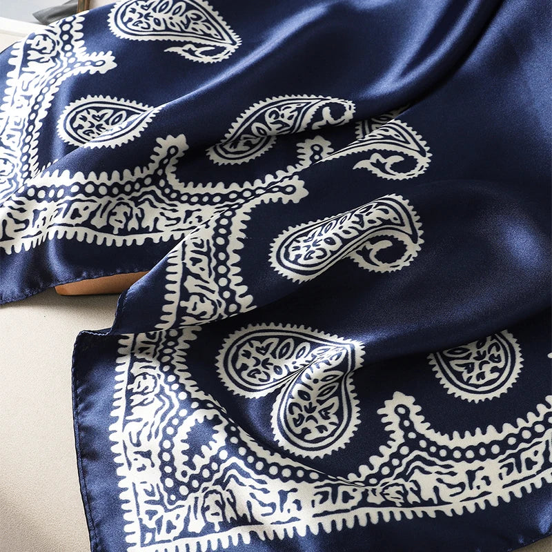 90cm Women Vintage Paisley Square Silk Shawls Printed Wraps Bandana Scarves