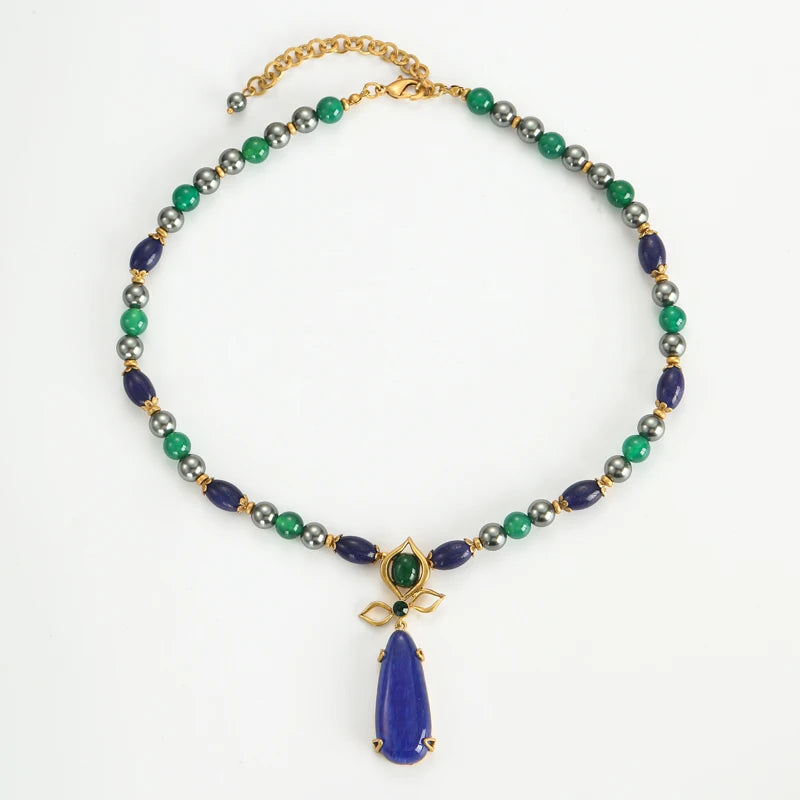 Women Long Blue Natural Stone Vintage Beaded Chain Pearl Designer Pendant Necklaces