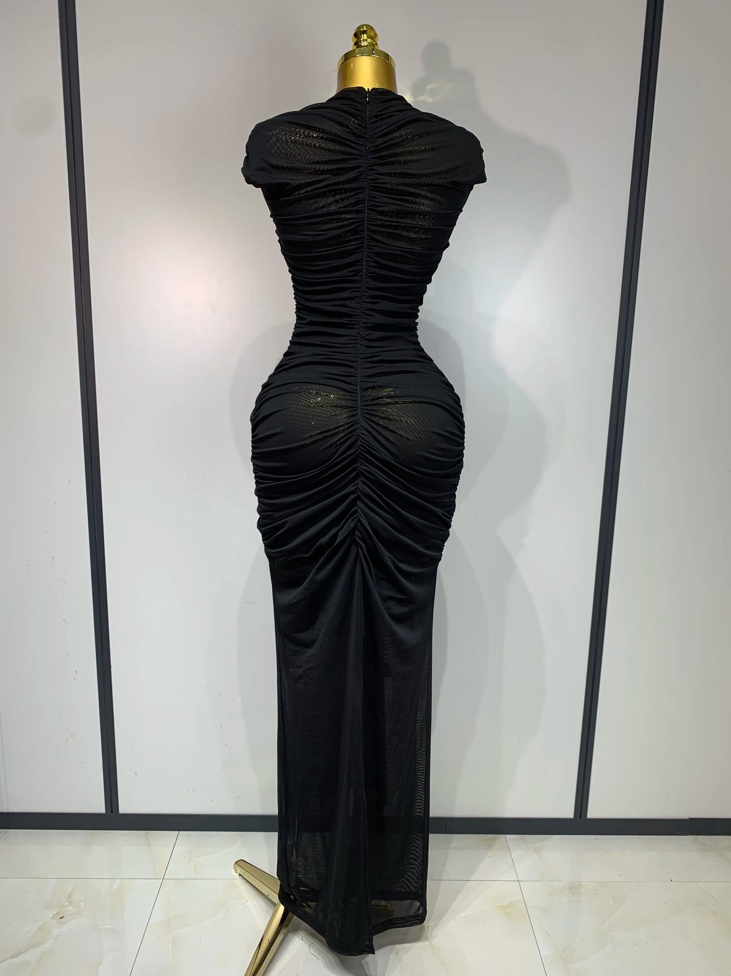 Sexy Sleeveless O-Neck Cut Out Bodycon Mesh Long Dress Celebrity Evening Party Club Dress