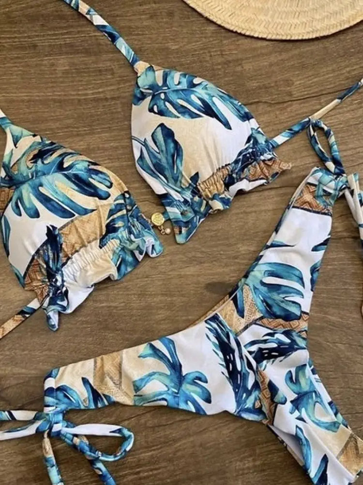 Sexy Micro Feather Print Bandage Swimwear Bathing Brazilian Bikini Suit