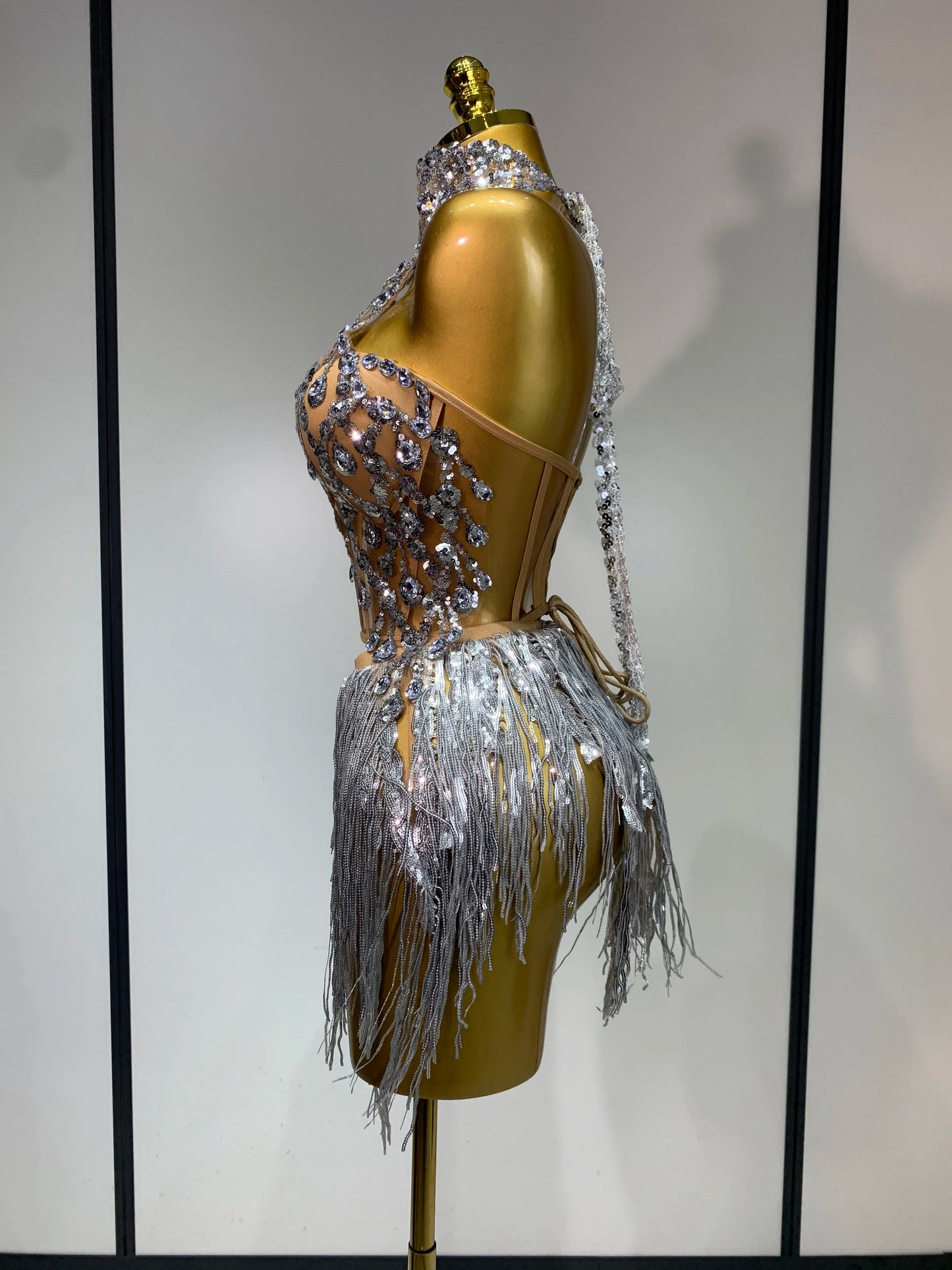 Sexy Shinning Rhinestone Tassels Two Pieces Nightclub Evening Party Birthday Clubbing Dress