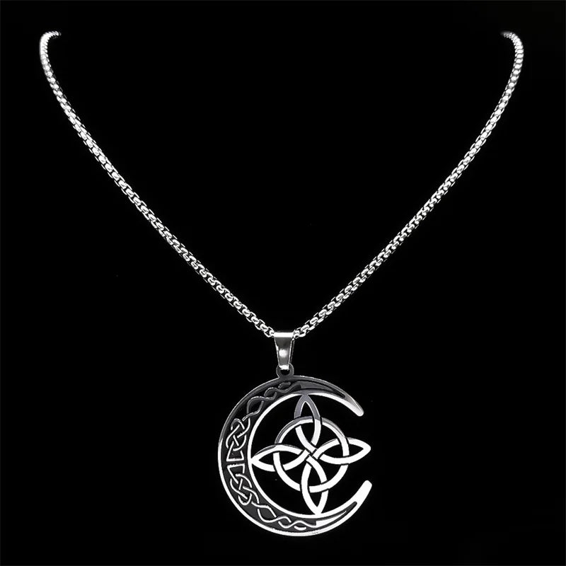 Crescent Celtic Irish Knot Stainless Steel Witch Moon Amulet Protection Chain Necklace