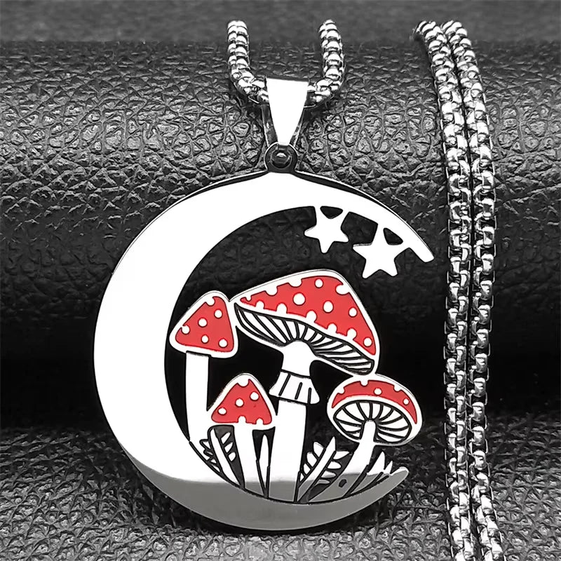Witchcraft Moon Mushroom Pendant Necklace For Women Men Stainless Steel Silver Color Sun Trend Aesthetic Chain Jewelry Gifts