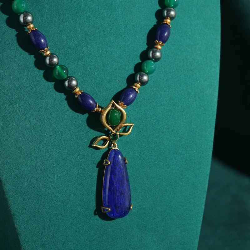 Women Long Blue Natural Stone Vintage Beaded Chain Pearl Designer Pendant Necklaces