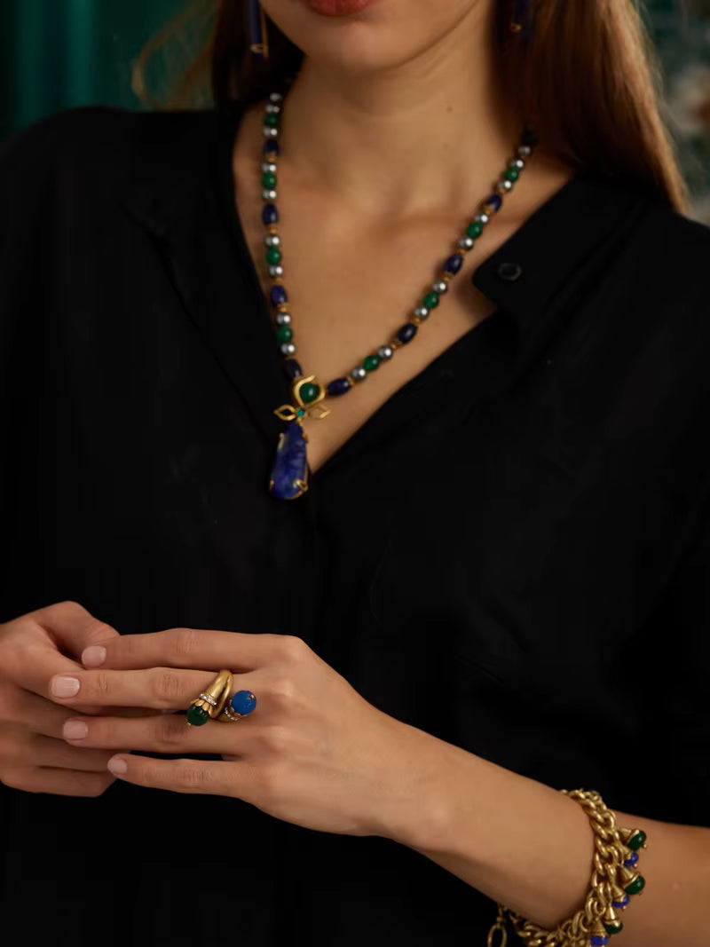Women Long Blue Natural Stone Vintage Beaded Chain Pearl Designer Pendant Necklaces