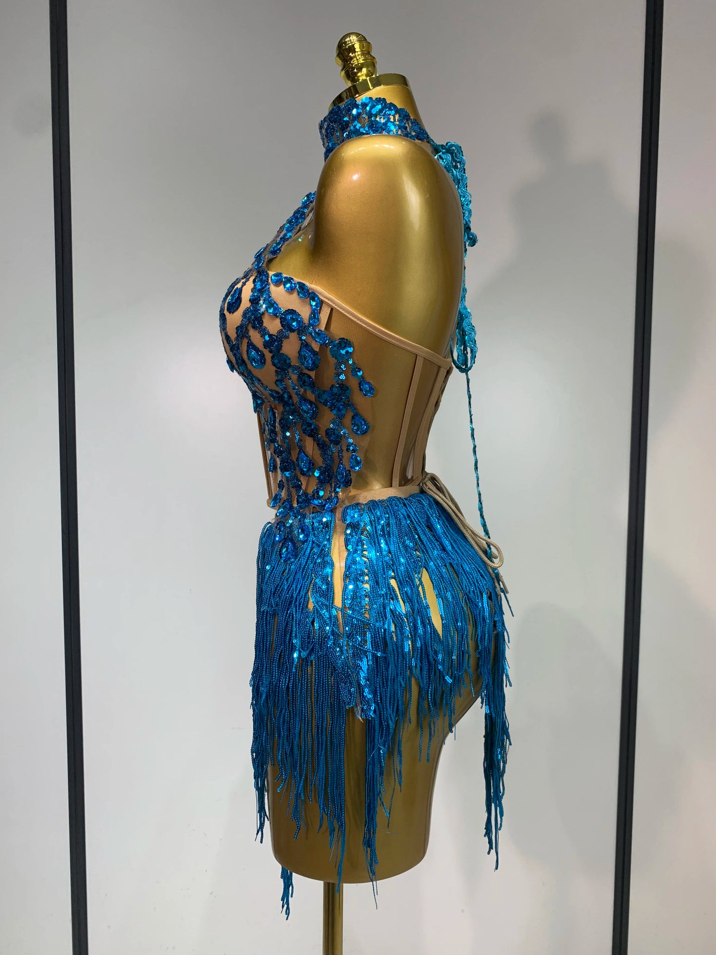 Sexy Shinning Rhinestone Tassels Two Pieces Nightclub Evening Party Birthday Clubbing Dress