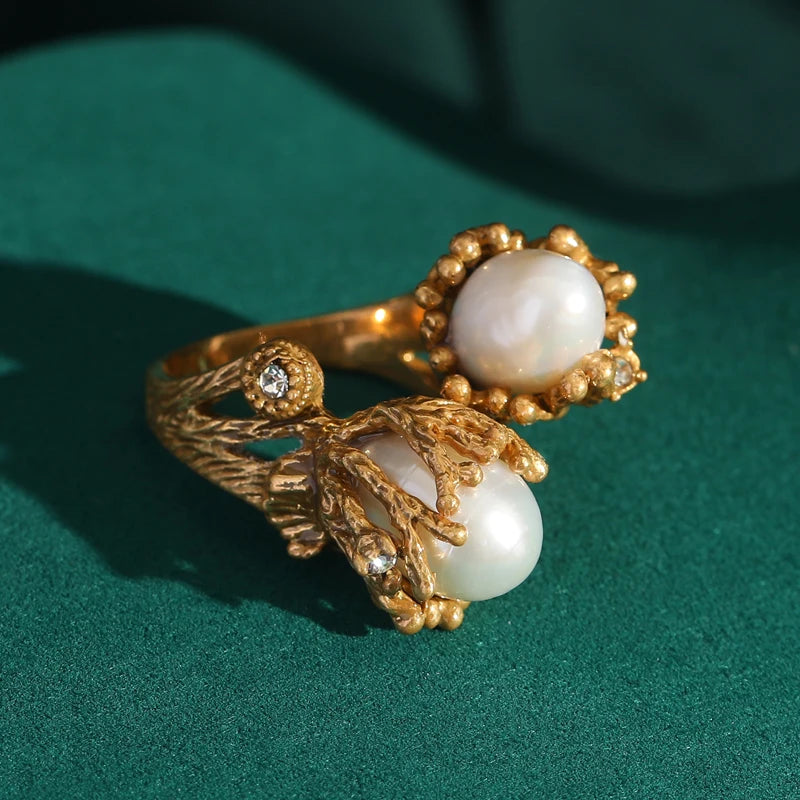 Women Blue Natural Stone Open Leopard Fashionable Water Drop Gold Color Pearl Flower Ring
