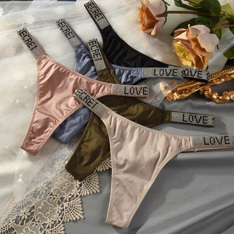 Women Low Waist Thongs Rhinestones Letter Diamonds G-string Sports Thong Shorts Briefs T-back Panties