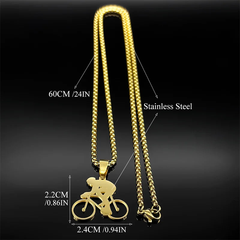 Bicycle Road Pendant Necklace for Men Stainless Steel Gold Color Sports Style Chain Jewelry Gifts accesorios para hombre kette