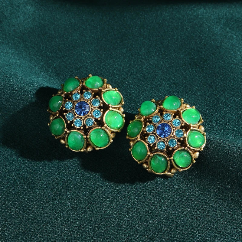 Vintage Crystal Round Oval Green Glazed Petal Women Flower Antique Stud Earrings