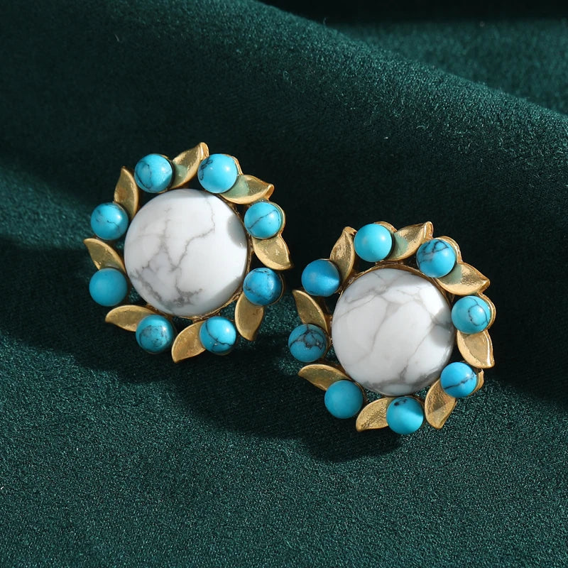 Vintage White Natural Stone Flower Shape Stud Blue Flower Antique Earrings