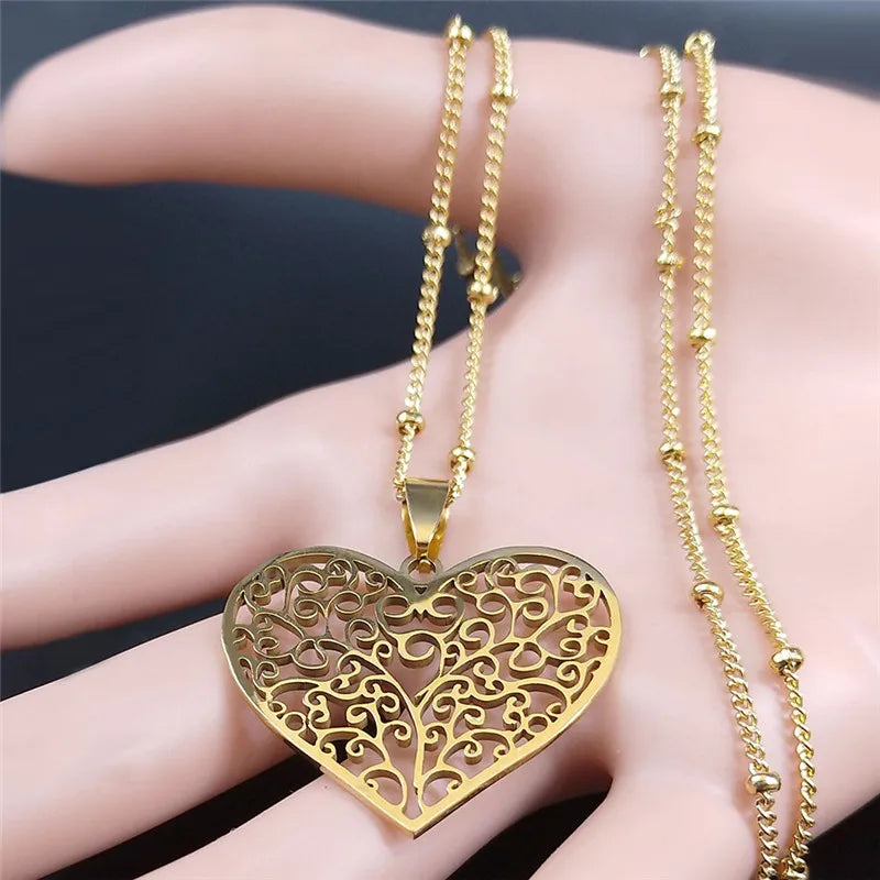 Aesthetic Love Heart Tree of Life Hollow Stainless Steel Gold Color Bead Chain Pendant Necklace