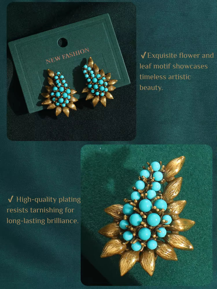 Women Vintage Beaded Sea Blue Natural Stones Tree Leaf Antique Bohemia Stud Earrings