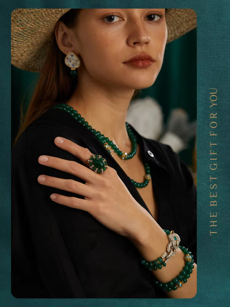Vintage Green Beads Women Rhinestones Leopard Head Bangles Eye Bracelets