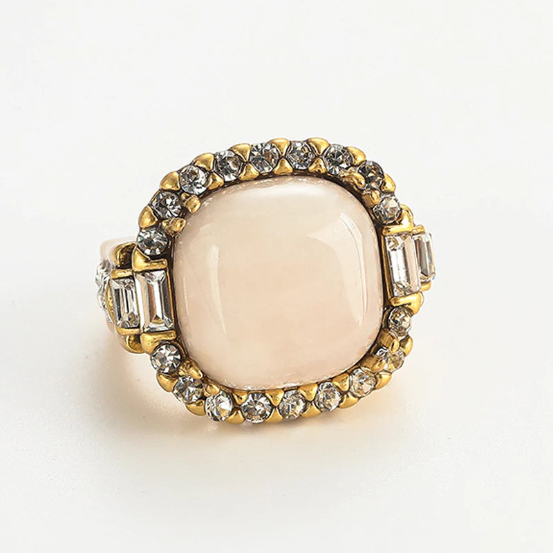 Luxury Vintage Square Shape Opal Pink Natural Stone Rhinestone Antique Wedding Ring