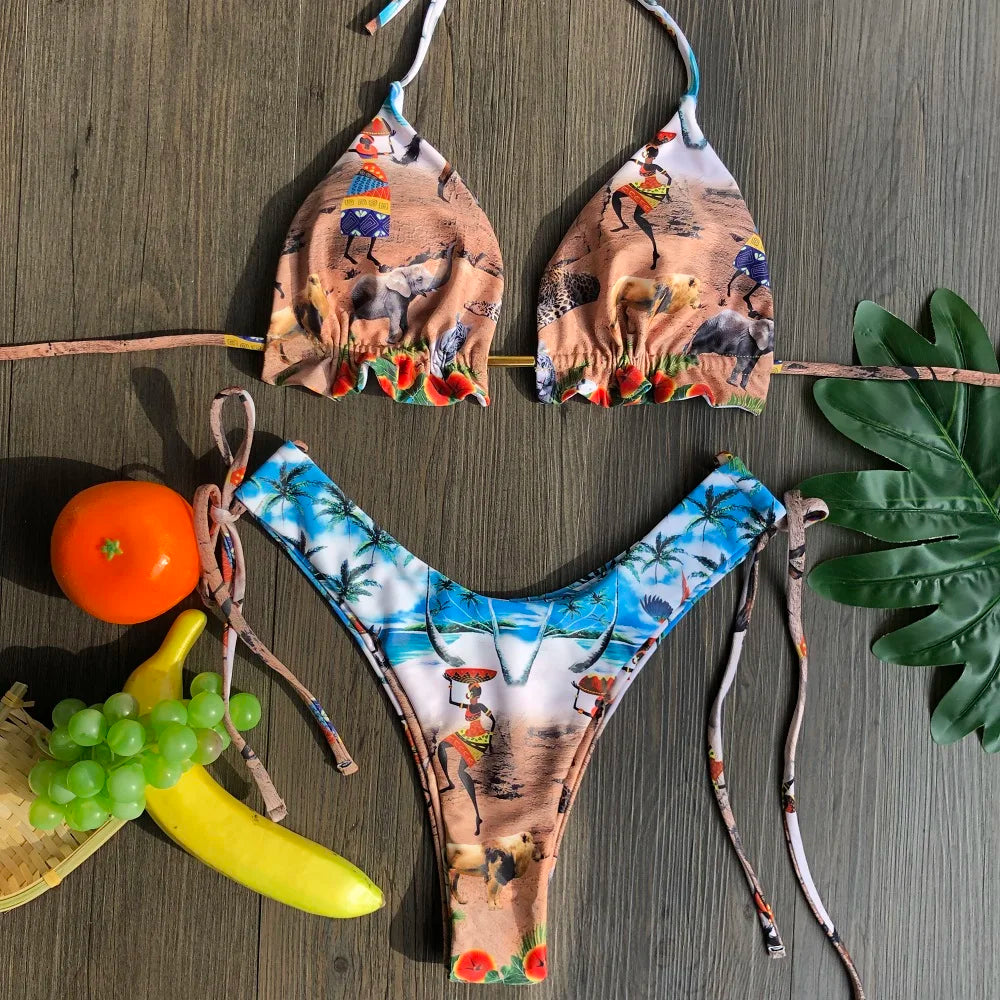 Striped Knotted Swimsuit Beach Sexy Thong Swimwear Bandage Brazilian Mirco Bikinis