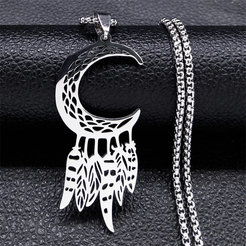 Boho Leaf Feather Women Men Stainless Steel Silver Color Chain Pendant Necklace