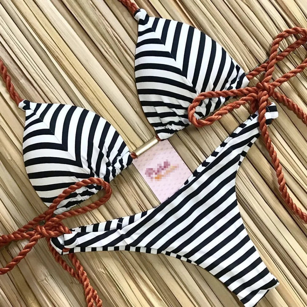 Striped Knotted Swimsuit Beach Sexy Thong Swimwear Bandage Brazilian Mirco Bikinis
