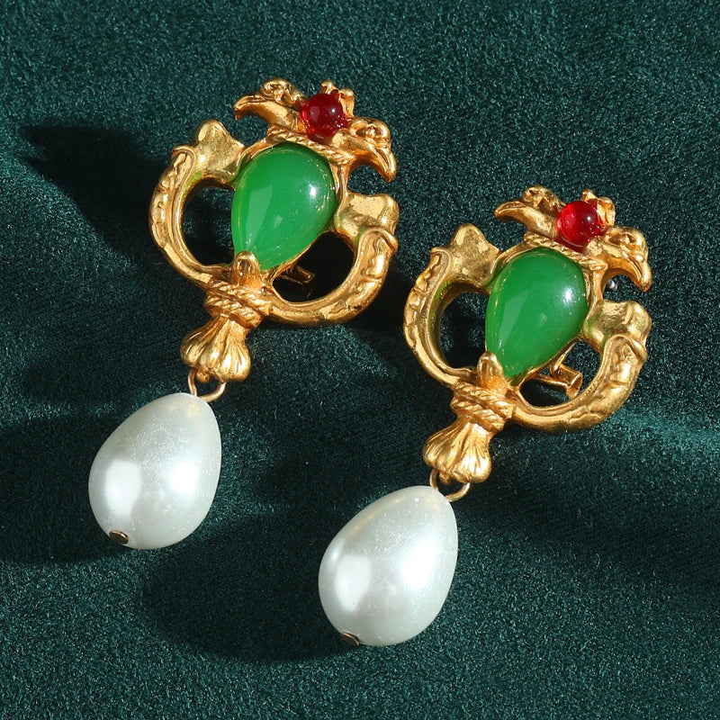 Women Green Jade Teardrop Pearl Natural Stone Vintage Dubai Earrings