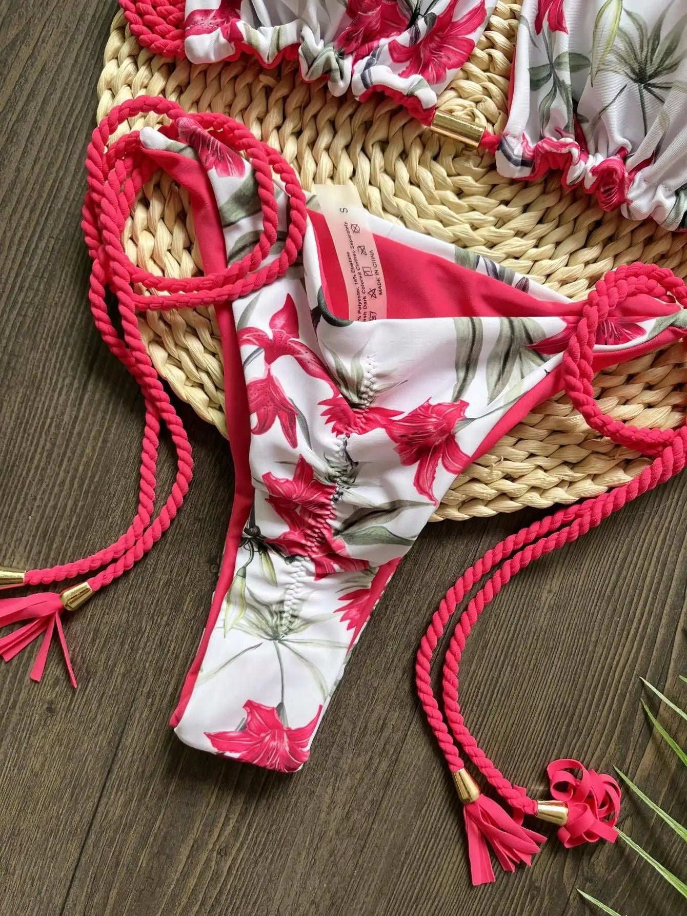 Sexy Plant Print Swimsuit Braiding Rope Bandage Bikinis Bathing Suit