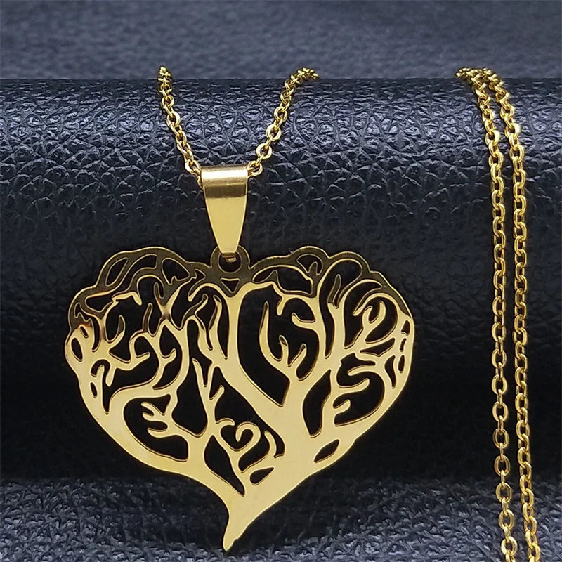 Aesthetic Love Heart Tree of Life Hollow Stainless Steel Gold Color Bead Chain Pendant Necklace