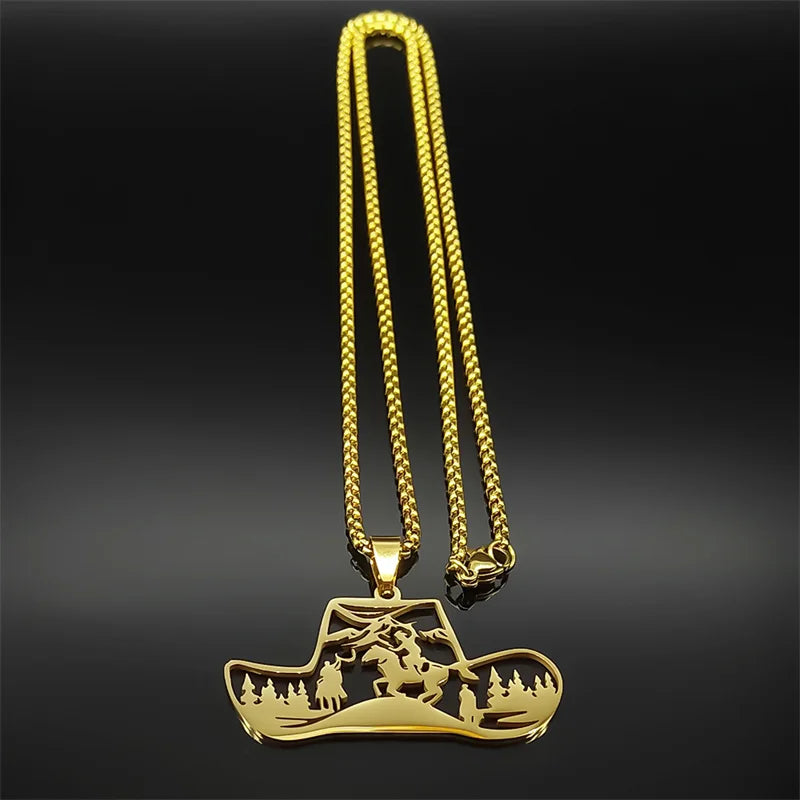 Horse Animal Western Cowboy Hat Tree Women Men Stainless Steel Silver Color Chain Necklace