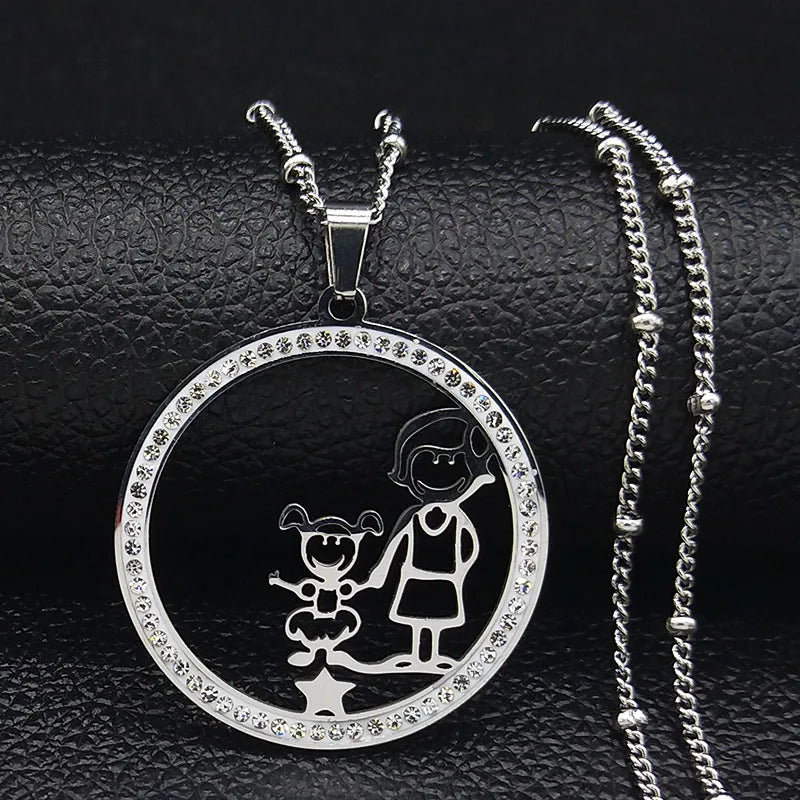 Family Boy Gril Stainless Steel Silver Color Crystal Necklace