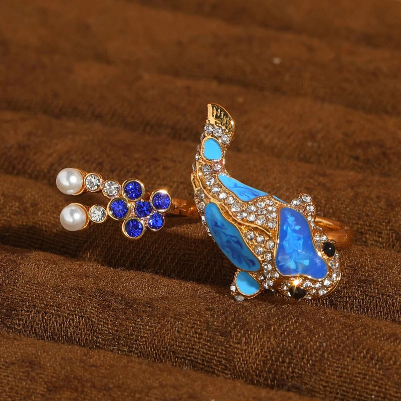  Vintage Blue Enamel Goldfish Pearl Rhinestone Women Open Gold Plated Designer Ring