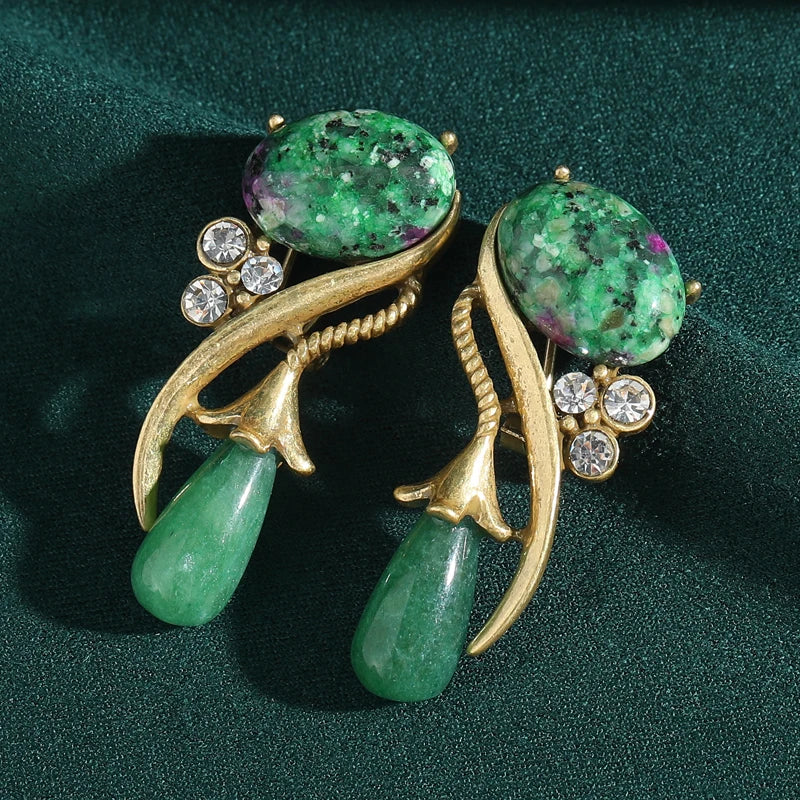 Antique Moss Green Natural Stone Flower Rhinestones Vintage Long Water Drop Earrings