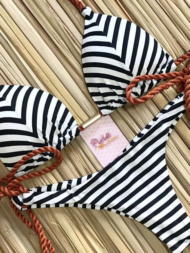 Striped Knotted Swimsuit Beach Sexy Thong Swimwear Bandage Brazilian Mirco Bikinis