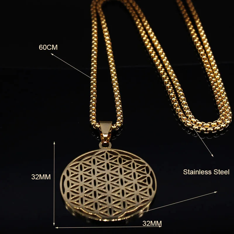 Women Men Flower of Life Stainless Steel Gold Color Mandala Long Necklace