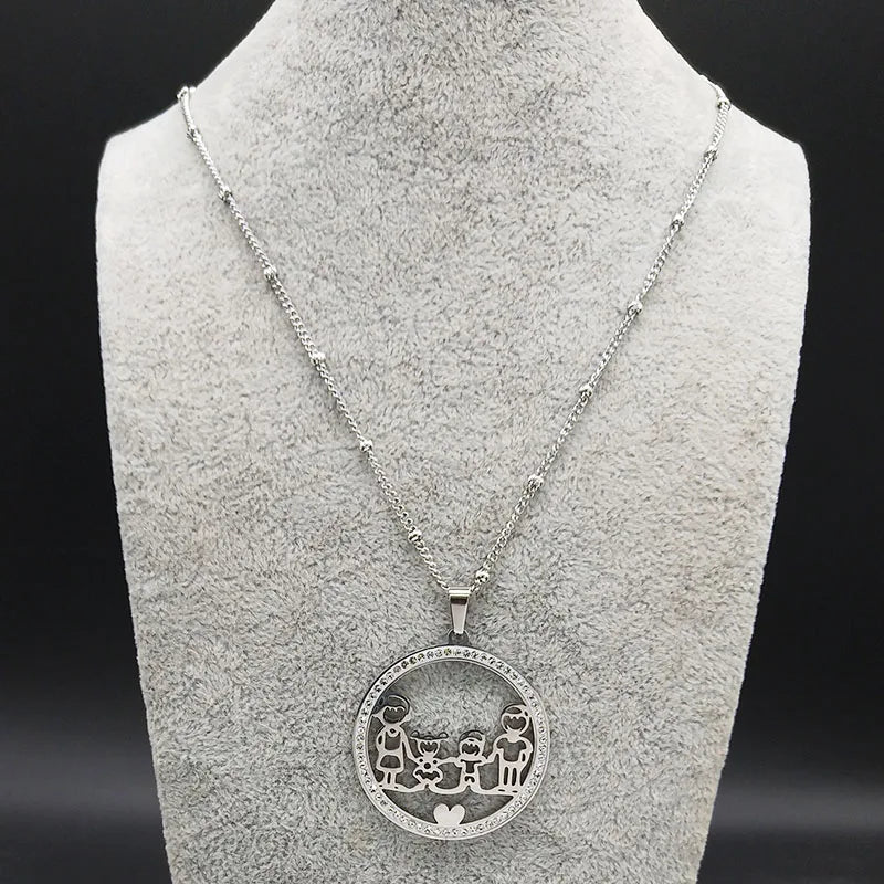 Family Boy Gril Stainless Steel Silver Color Crystal Necklace