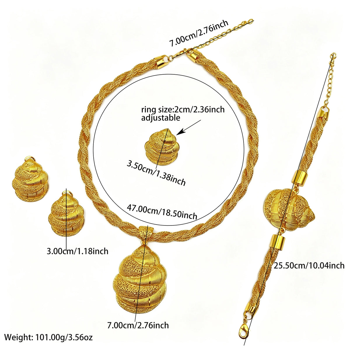 Dubai 24k Gold Color Women Ethiopian Indian Bridal Wedding Twisted Necklace Earrings Sets