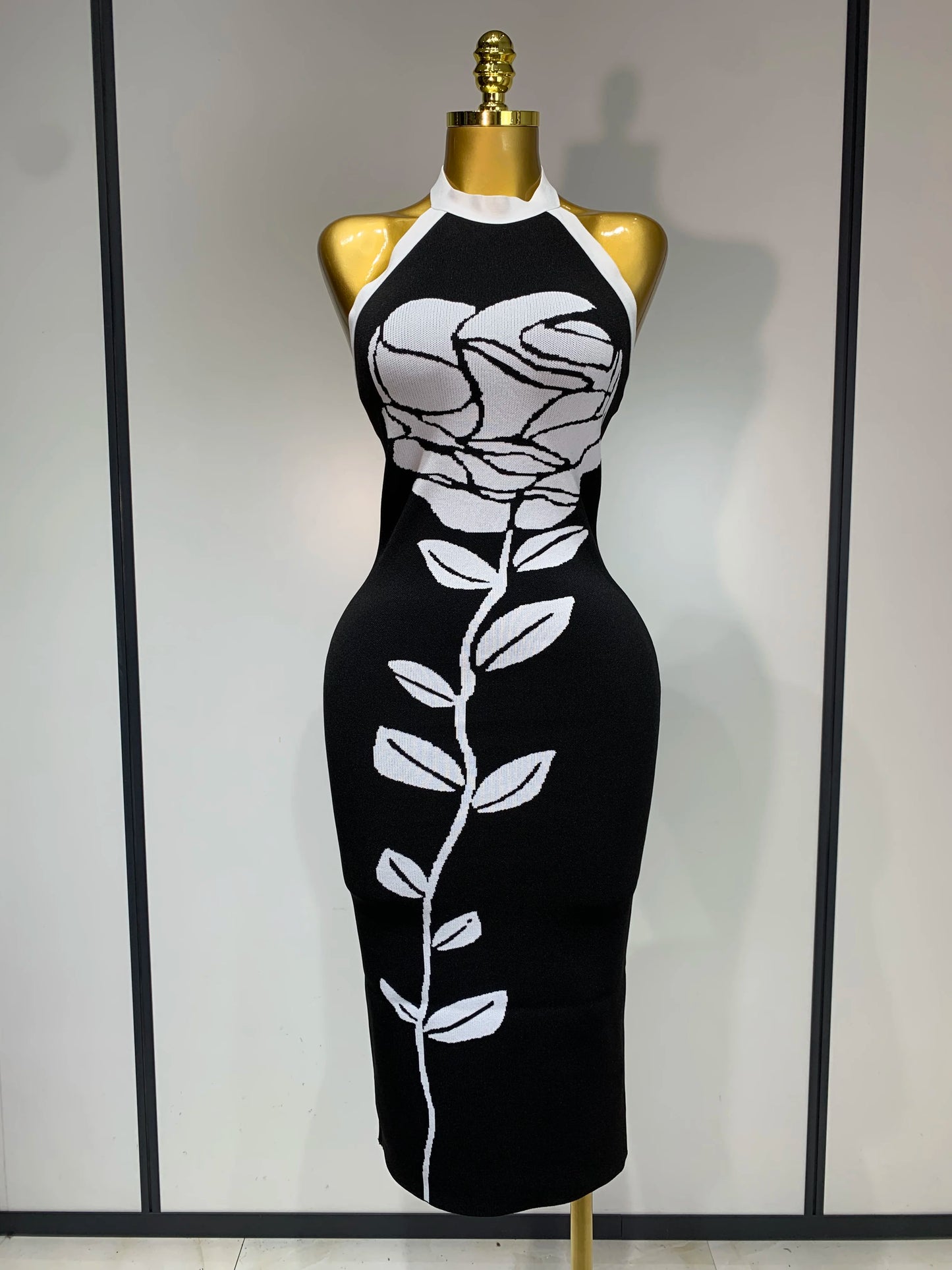 Women Fashion Celebrity Sexy Backless Rose Flower Midi Black Jacquard Bandage Party Dress