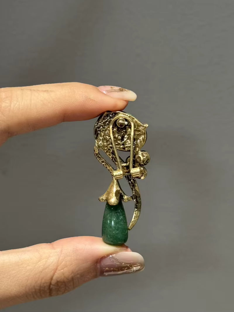 Antique Moss Green Natural Stone Flower Rhinestones Vintage Long Water Drop Earrings