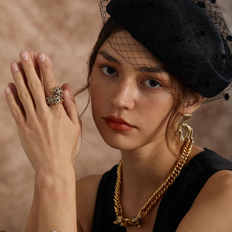Women Luxury Leopard 18K Gold-Plated Zirconia Wild Artistic Design Ring