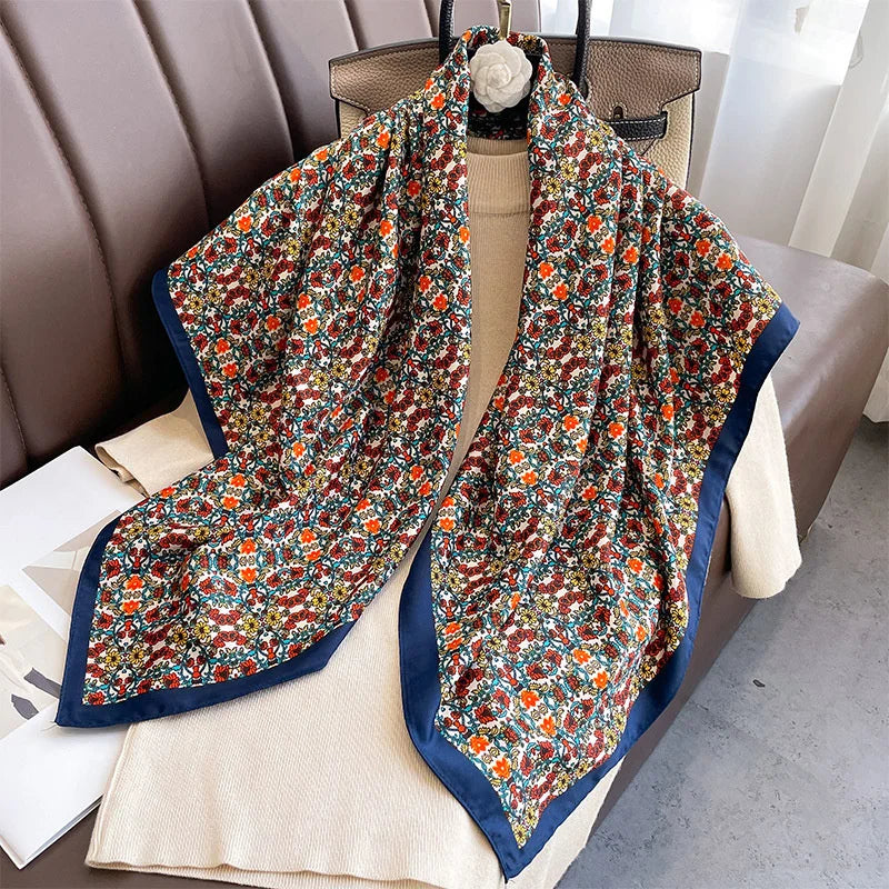 90cm Women Twill Silk Satin Scarf Shawl Wrap Square Printed Bandana Scarves