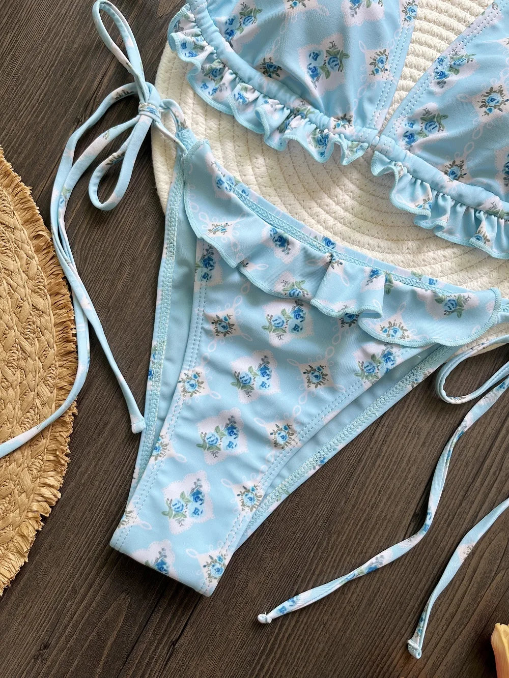 2pcs Sexy Lotus Leaf Edge Print Brazilian Swimsuit Triangle Thong Swimwear Suit