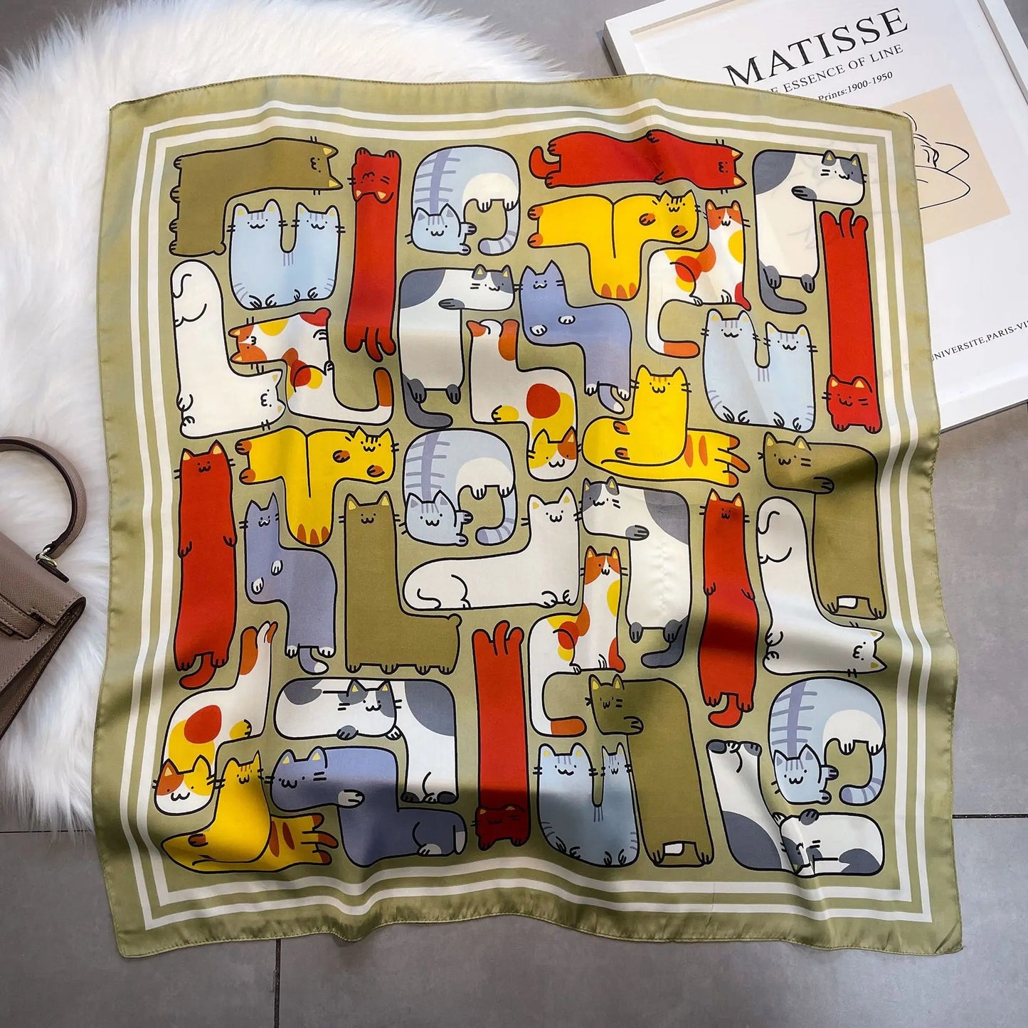 Women Fashion Silk Satin Cats Pets Printed Wrap Scarf Bandana Scarves