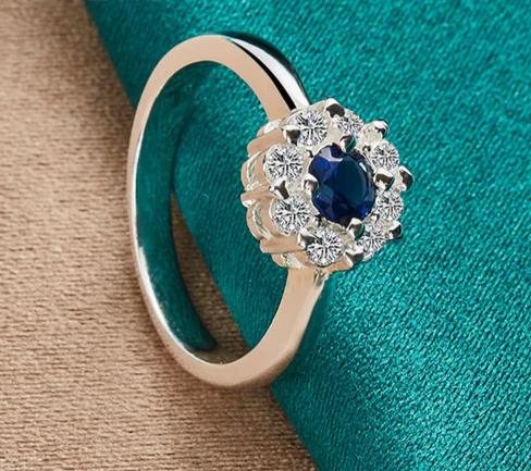 925 Sterling Silver Bule Round Zircon Women Man Fashion Wedding Engagement Party Charm Ring