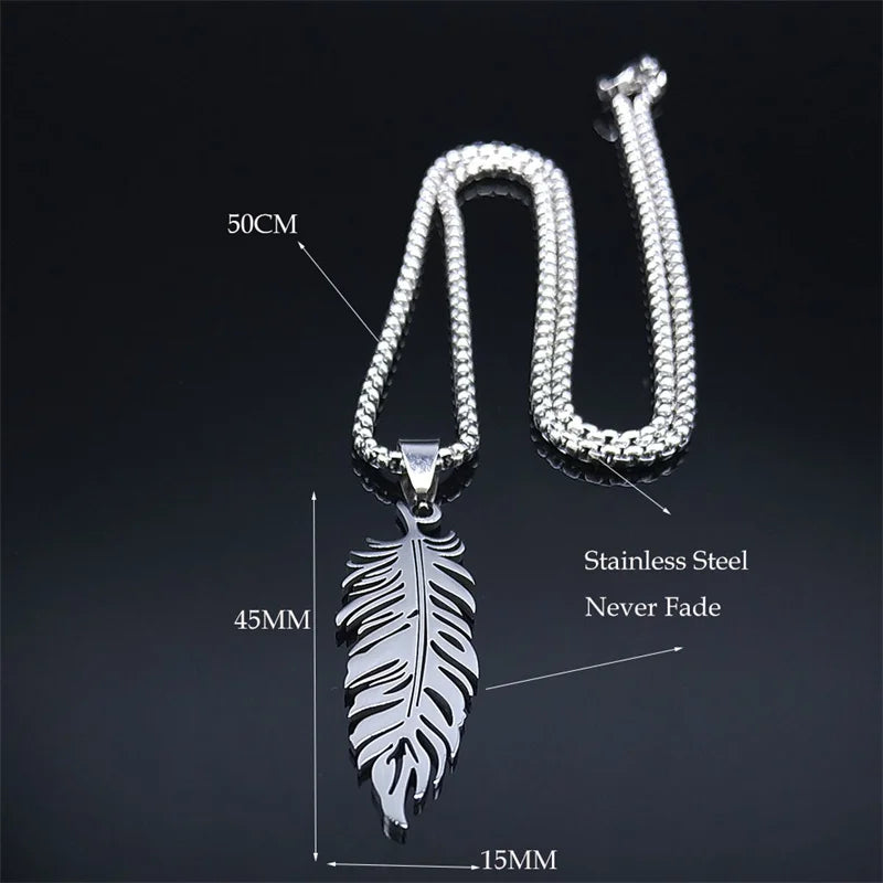 Boho Leaf Feather Women Men Stainless Steel Silver Color Chain Pendant Necklace